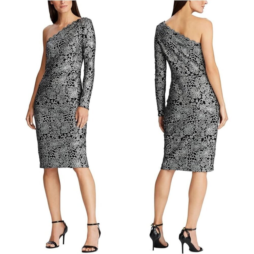 NWT Lauren Ralph Lauren One Shoulder Lace Evening Dress Women's 12 Black Silver